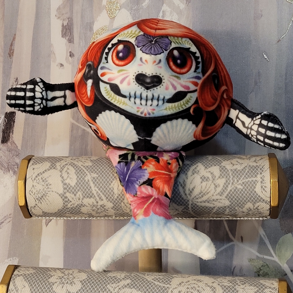 Sugar Skull Mermaid Round Floral Plush